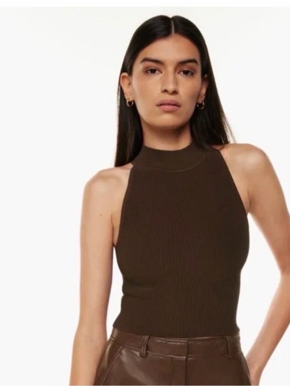 Babaton Ribbed High-Neck Tank in Dark Brown